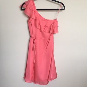 Coral One-Shoulder Ruffle Dress